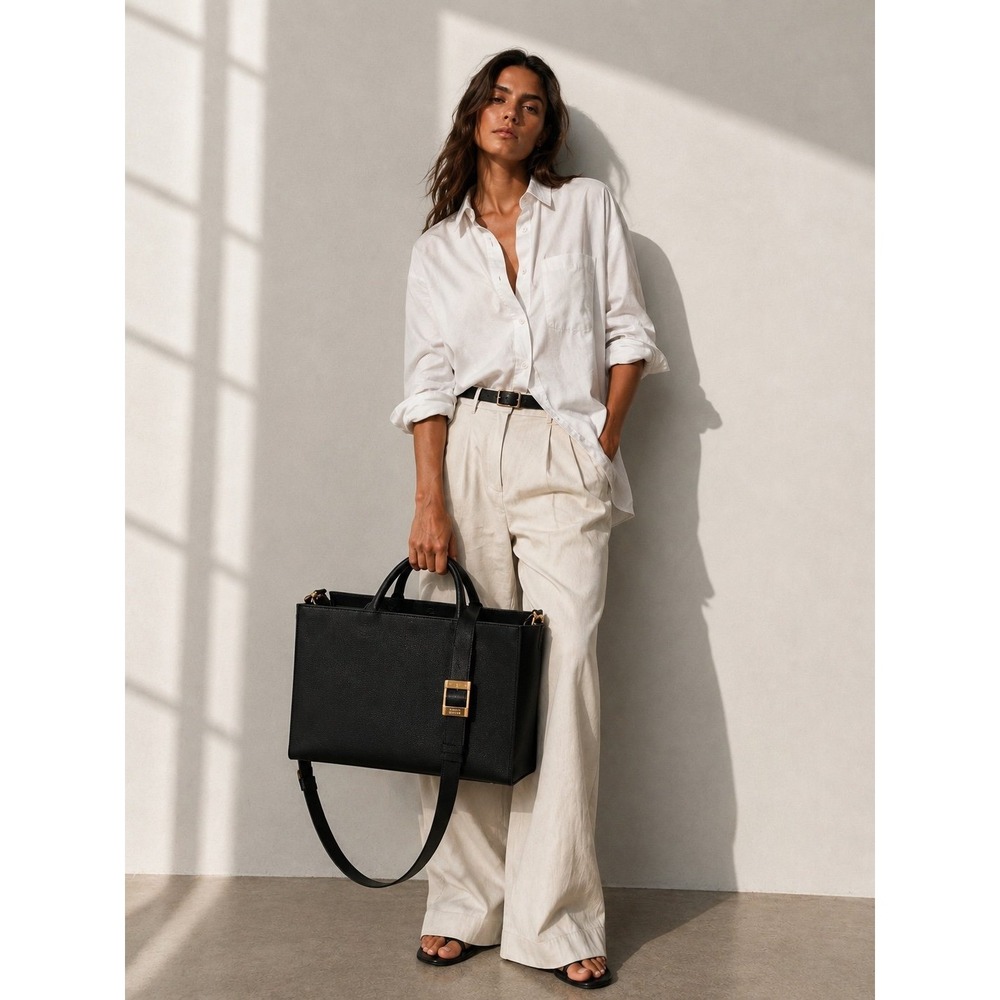 Stuart Weitzman Black Leather Large Satchel Crossbody Tote Bag Gold Hardware NWT